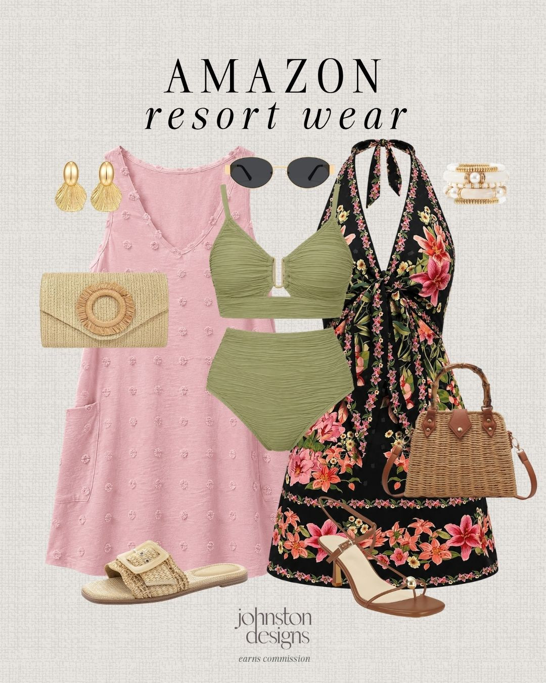 Amazon resort wear finds with pretty florals, soft pink details and woven accessories for an easy vacation look. Love these pieces for dinner by the beach, pool days or a sunny getaway. 🌴

Amazon resort wear, floral dress, pink coverup, green swimsuit, straw clutch, woven bag, raffia sandals, gold earrings, vacation style, beach dinner, pool day, summer accessories, resort outfit, tropical look, warm weather, affordable finds, feminine style 

 #LTKootd #LTKSwim #LTKTravel
