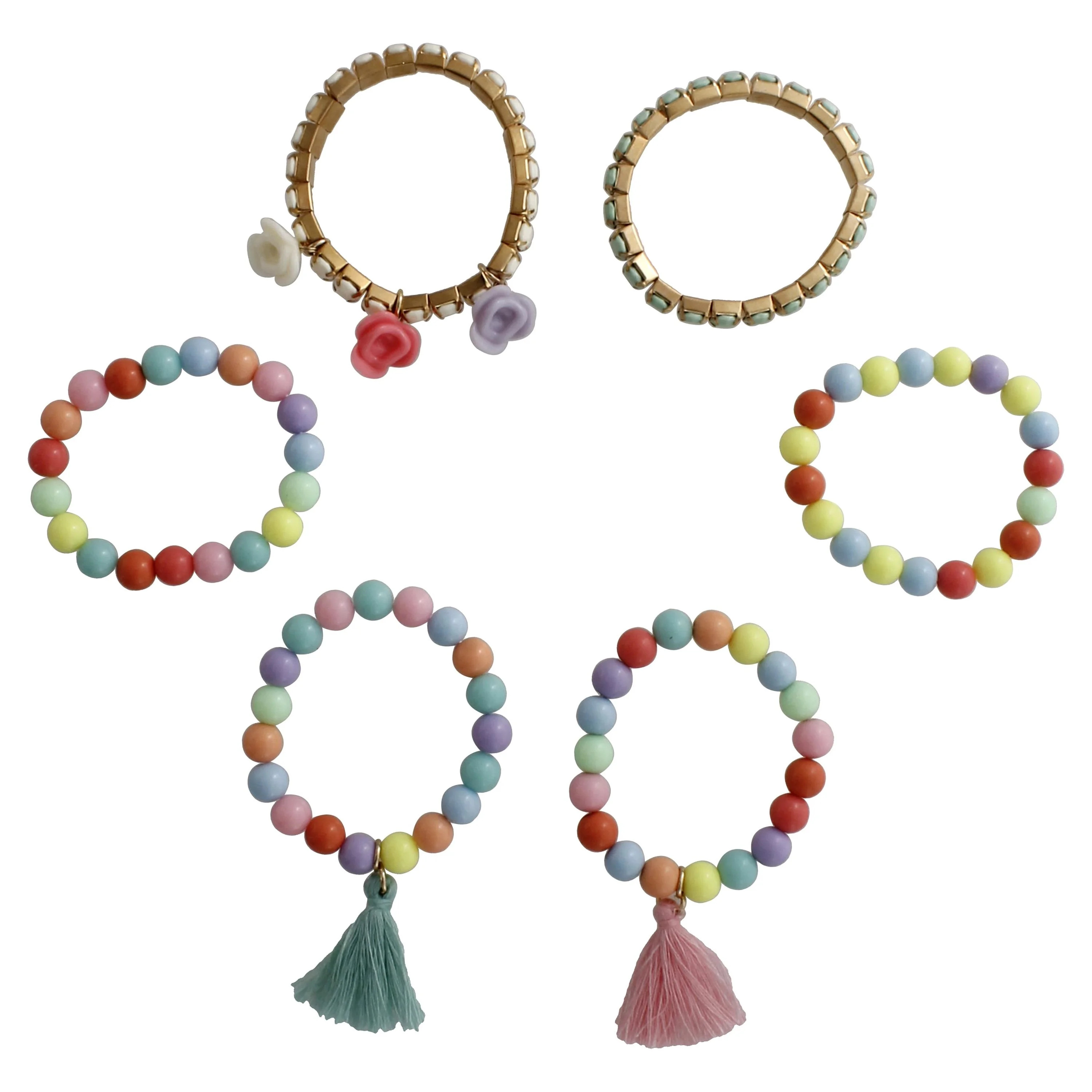 Wonder Nation Multi-Color Pastel Stretch Bracelets with Charms and Tassels, 6-Piece Set | Walmart (US)