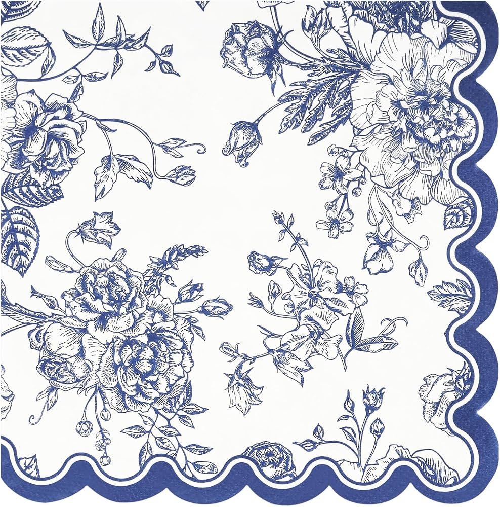 100 Pcs Blue Floral Scalloped Paper Lunchenon Napkins 6.5 Inch | Amazon (US)
