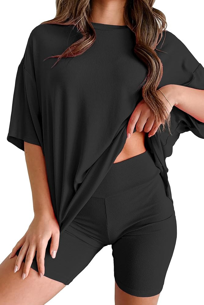 Womens 2 Piece Lounge Set 2025 Summer Travel Outfit Casual Short Sleeve Oversized Tshirts & Biker... | Amazon (US)