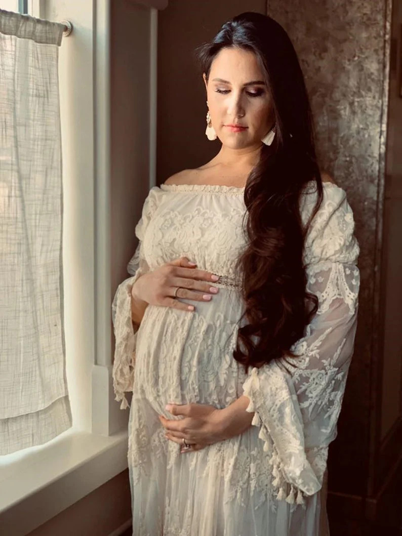 Boho Lace Maternity Gown Photography Long Maternity Dress for Photo Shoot Bohemian Maternity Wedd... | Etsy (US)