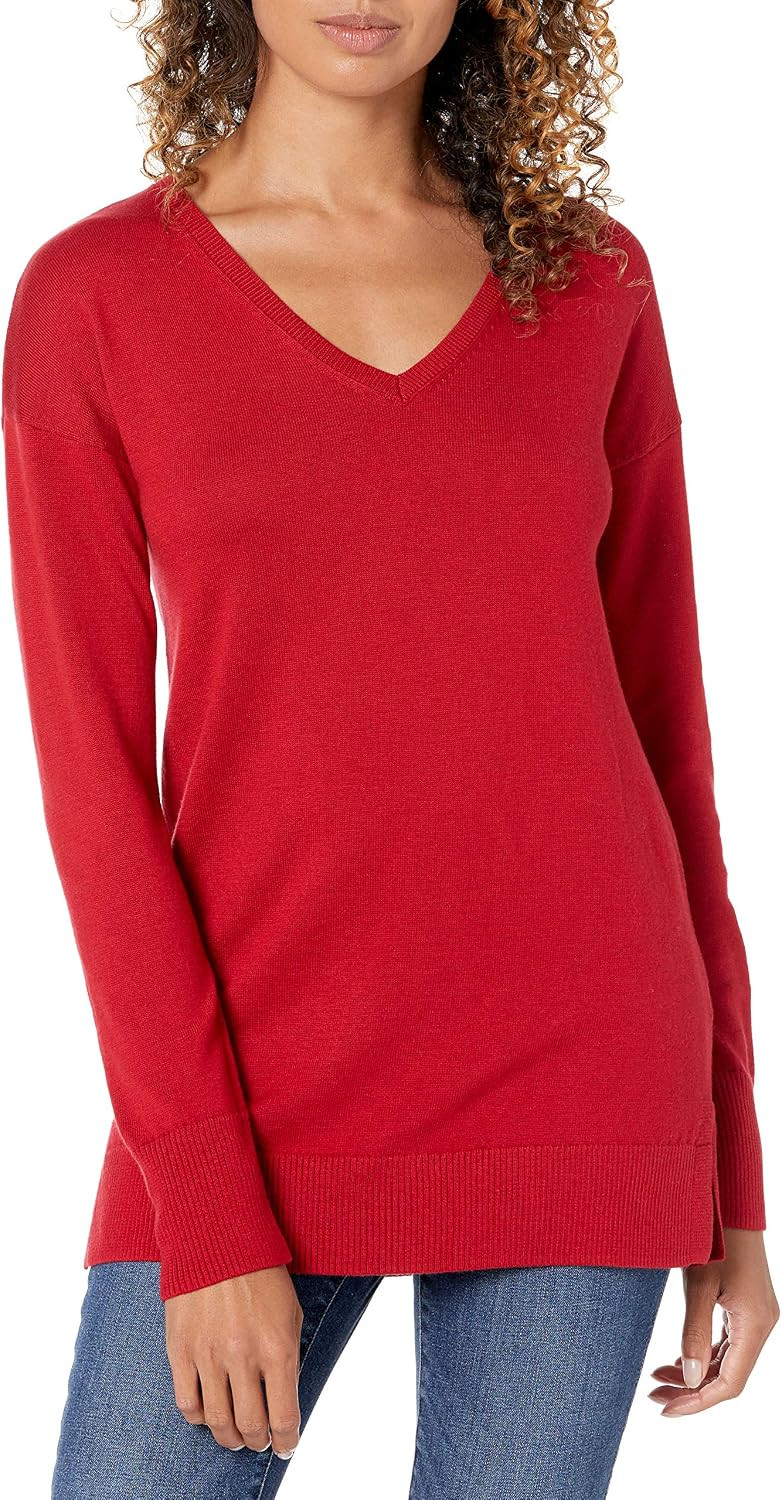 Amazon Essentials Women's Lightweight V-Neck Tunic Sweater, Long Sleeve, Ribbed | Amazon (US)