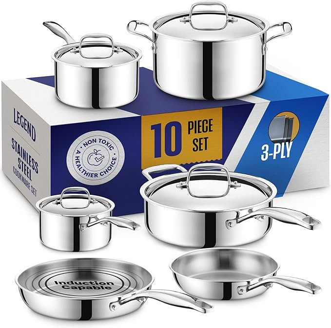 LEGEND COOKWARE 3 Ply Stainless Steel Pots and Pans Set | 10-Piece, Induction, Non-Toxic, Oven Sa... | Amazon (US)