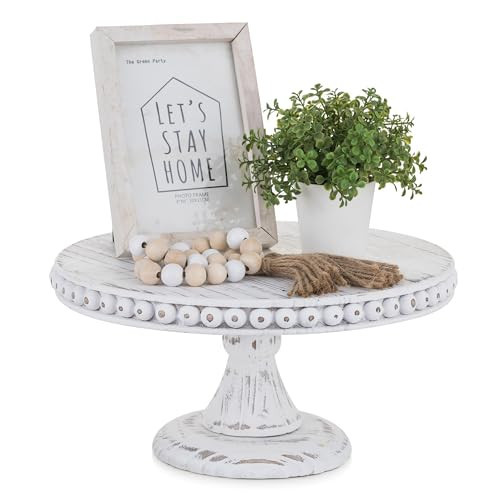 Hanobe White Wood Cake Stand: Cupcake Pedestal Stand 12 inch Dessert Display Riser Rustic Round Cakes Holder Tray Vintage Beads Wooden Plate for Wedding Birthday Decor | Amazon (US)