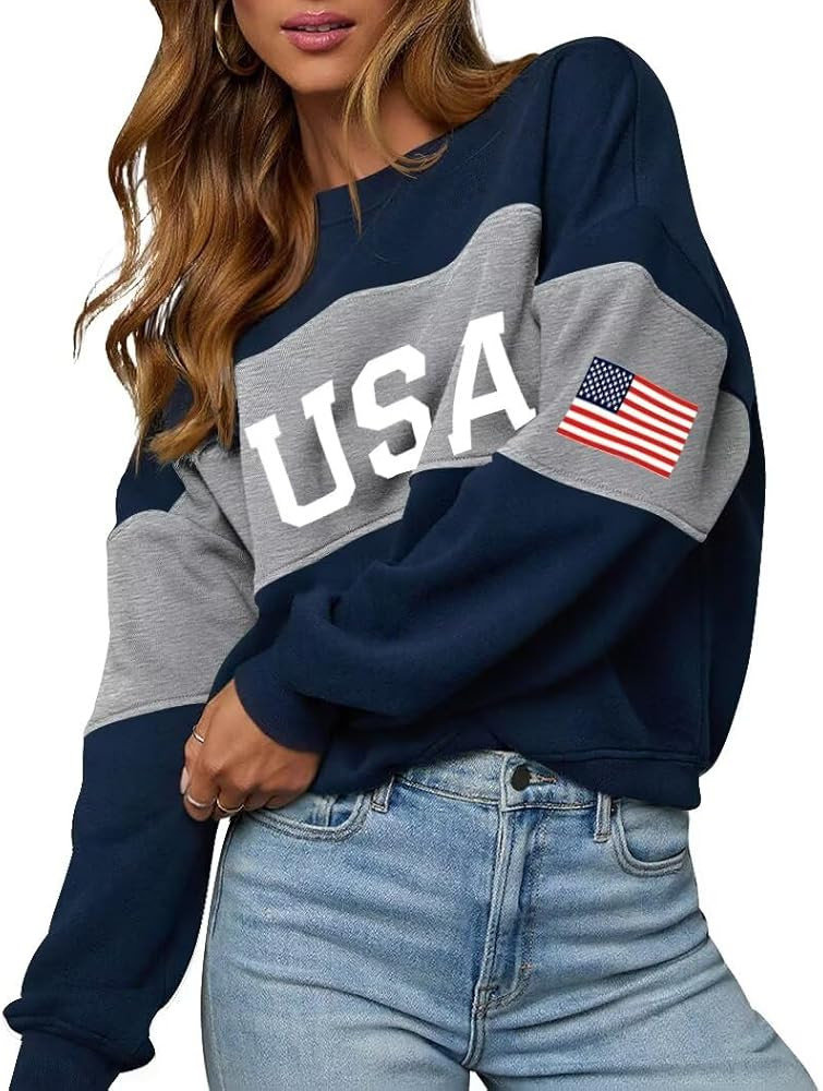 LEEDYA Women Oversized USA Sweatshirt Crewneck American Flag Sweater Long Sleeve 4th of july T sh... | Amazon (US)