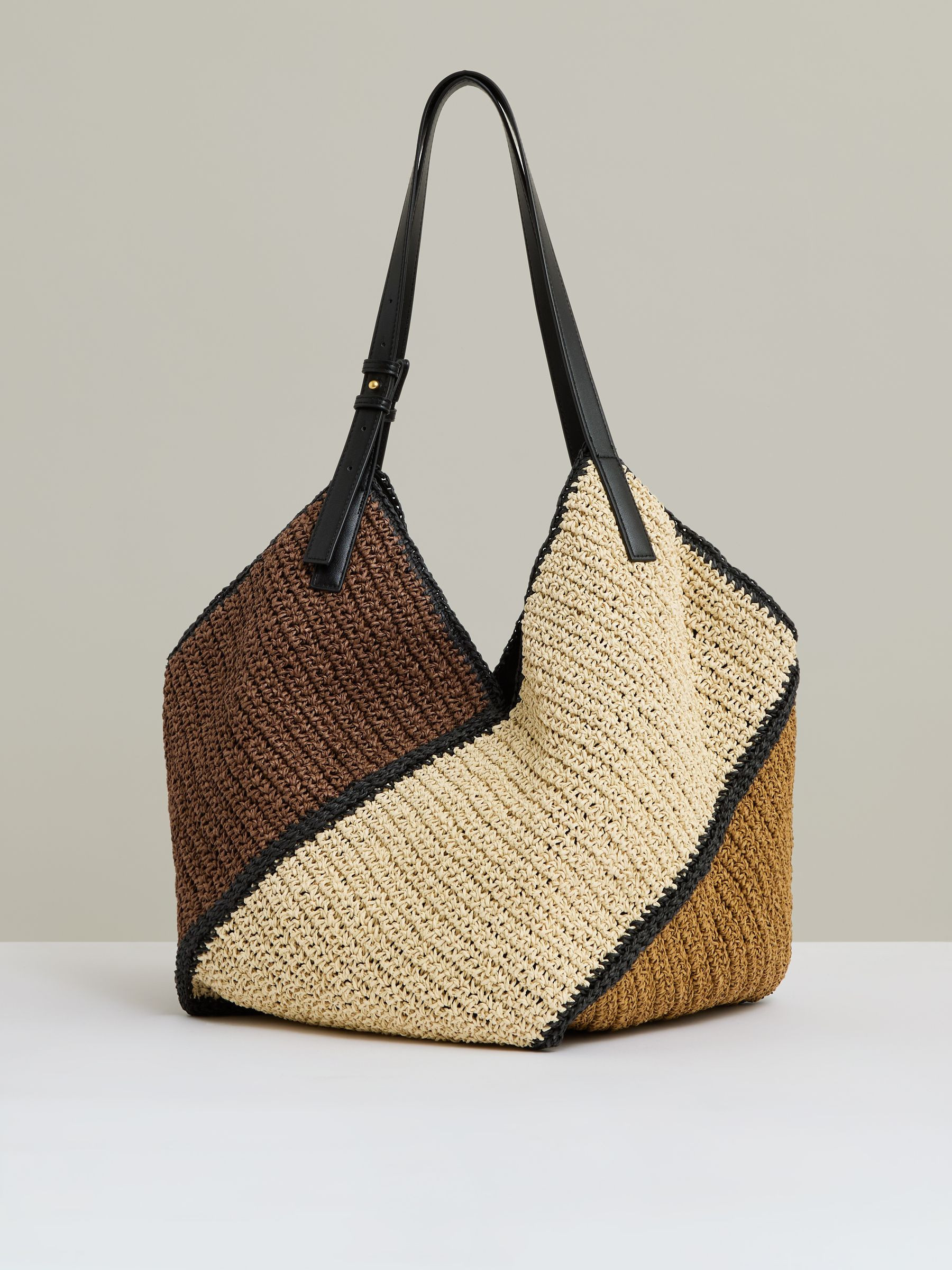 Raffia Colour-Block Tote Bag in Tan | Reiss UK