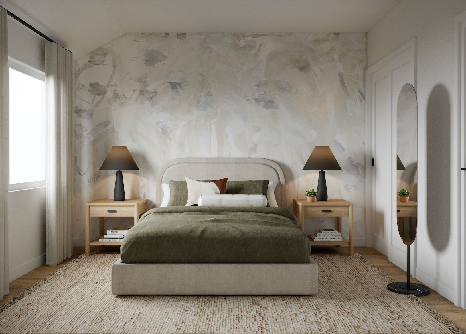 This guest bedroom I designed in California is serene, relaxing and calm BUT ALSO visually interesting and layered. The dark table lamps bring beautiful contrast to the room and the airy wallpaper gives the space a unique touch ✨ 

#LTKhome