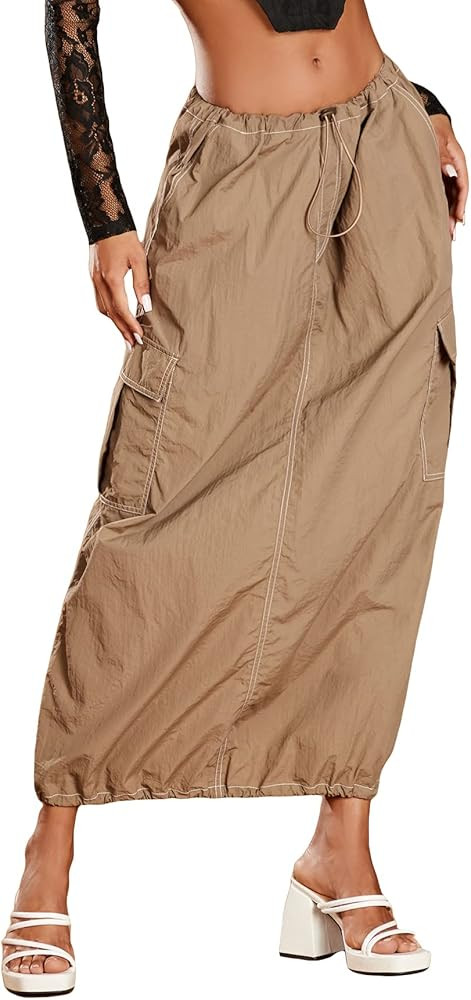 Verdusa Women's Drawstring Waist Maxi Cargo Skirt with Pocket | Amazon (US)