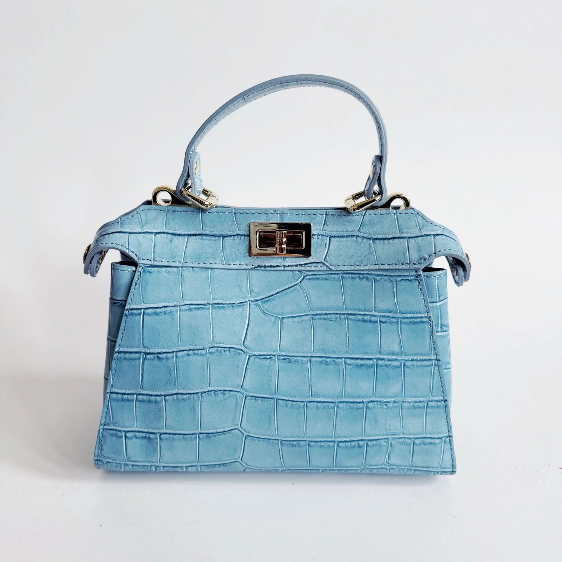 Ocean Blue Crocodile Embossed Leather Flip Lock Bag | Colores Collective