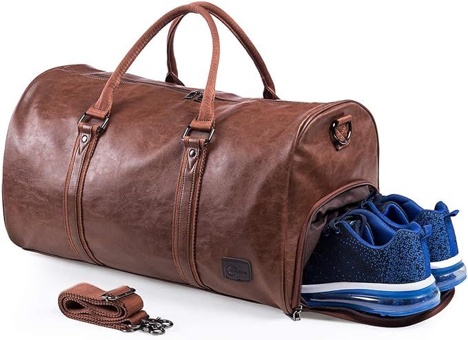 Leather Travel Bag with Shoe Pouch, Waterproof Weekender Overnight Bag, Large Carry On Duffel Bag... | Amazon (US)