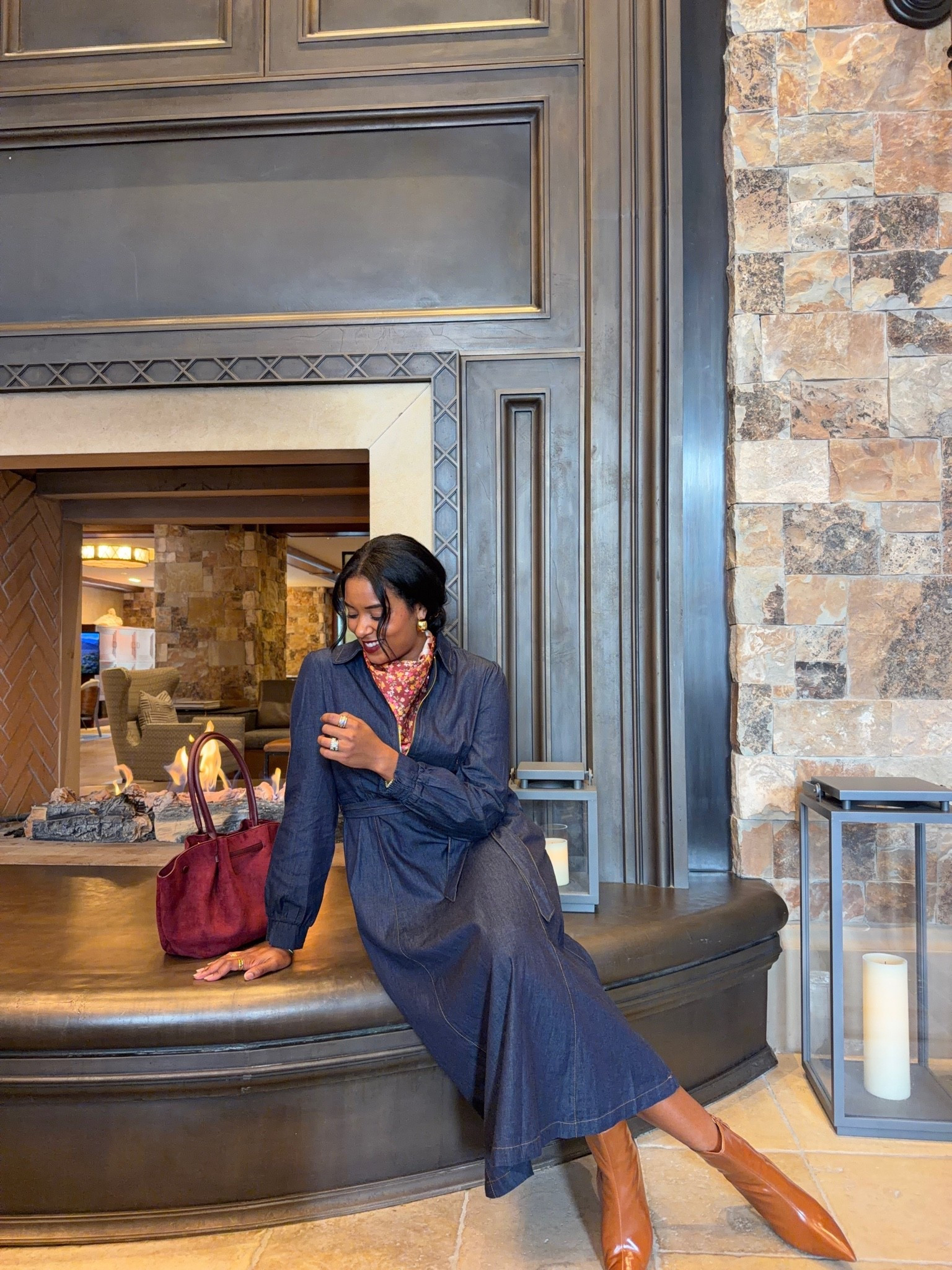 AVARA Burgundy Faux Suede Bag AVARA Denim Zip Up Collared Midi Dress AVARA Brown Mixed Print Scarf

#LTKvlog #LTKU #LTKWorkwear