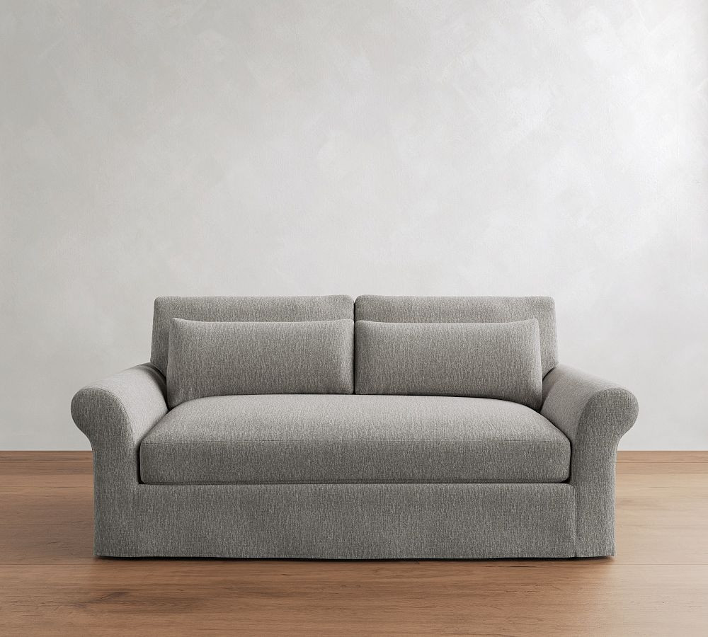PB Comfort Modern Roll Arm Slipcovered Deep Seat Sofa 82" 2x1, Down Blend Wrapped Cushions, Sunbrella(R) Performance Chenille Fog | Pottery Barn (US)