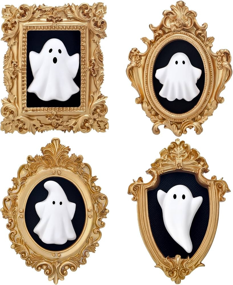 Wesiti 4 Pcs Halloween 3D Ceramic Ghosts with Vintage Resin Framed Mini Cute Sculpture Statue Wal... | Amazon (US)