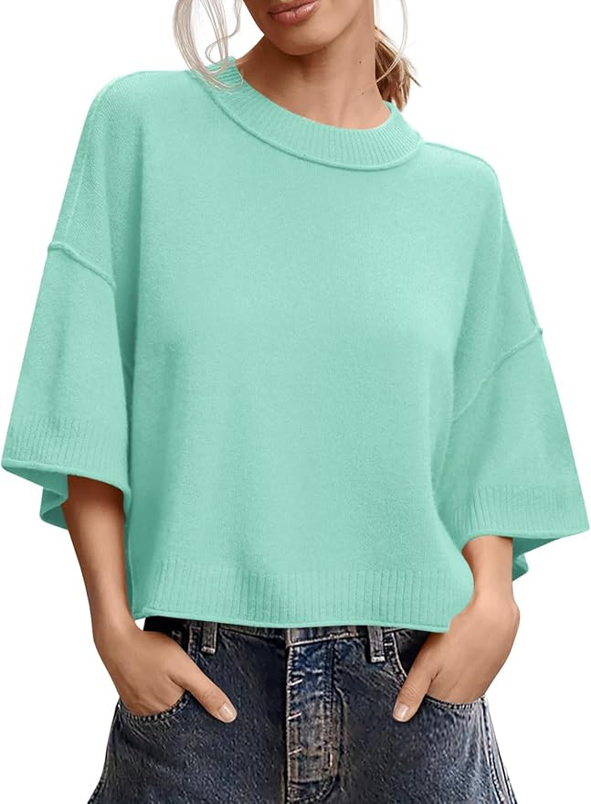Saodimallsu Womens Short Sleeve Sweater Oversized Cropped Sweaters Knit Top | Summer,Casual,Crew ... | Amazon (US)