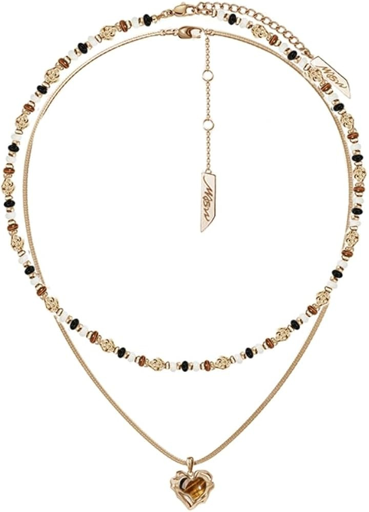 Retro temperament brown beaded collarbone chain fashionable heart-shaped tiger eye stone pendant ... | Amazon (US)