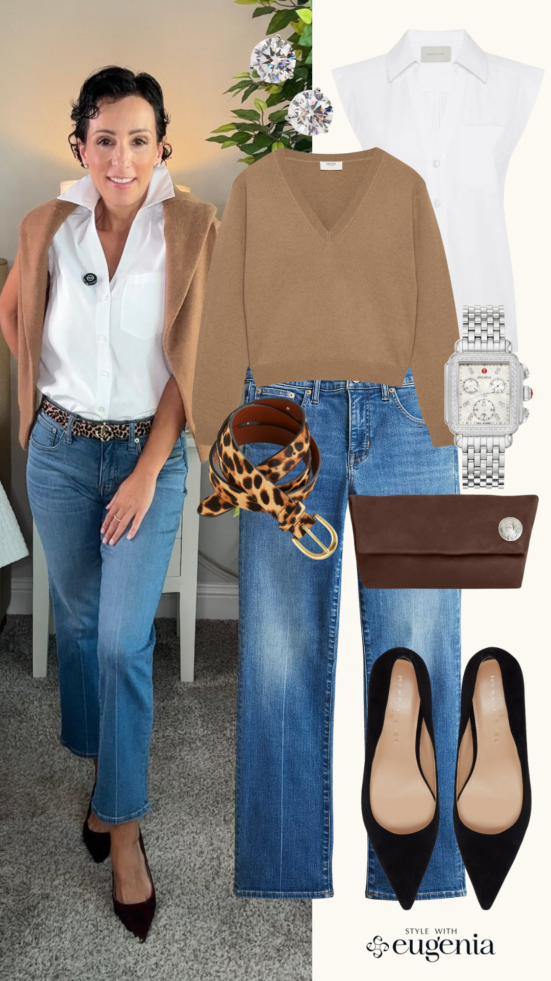 Effortless layering for crisp fall days 🍁 A camel sweater over a white button-down + flared jeans = timeless perfection. Add a printed scarf for that cozy-chic finish 🧡 #LTKfallfashion #elevatedcasual #jeanslover 

 #LTKPetite #LTKStyleTip