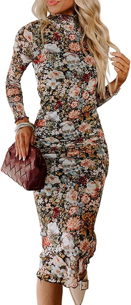 Women's Summer Tops Brown Floral Allover Print Mock Neck Bodycon Long Sleeve Midi Dress Dressy Go... | Amazon (US)