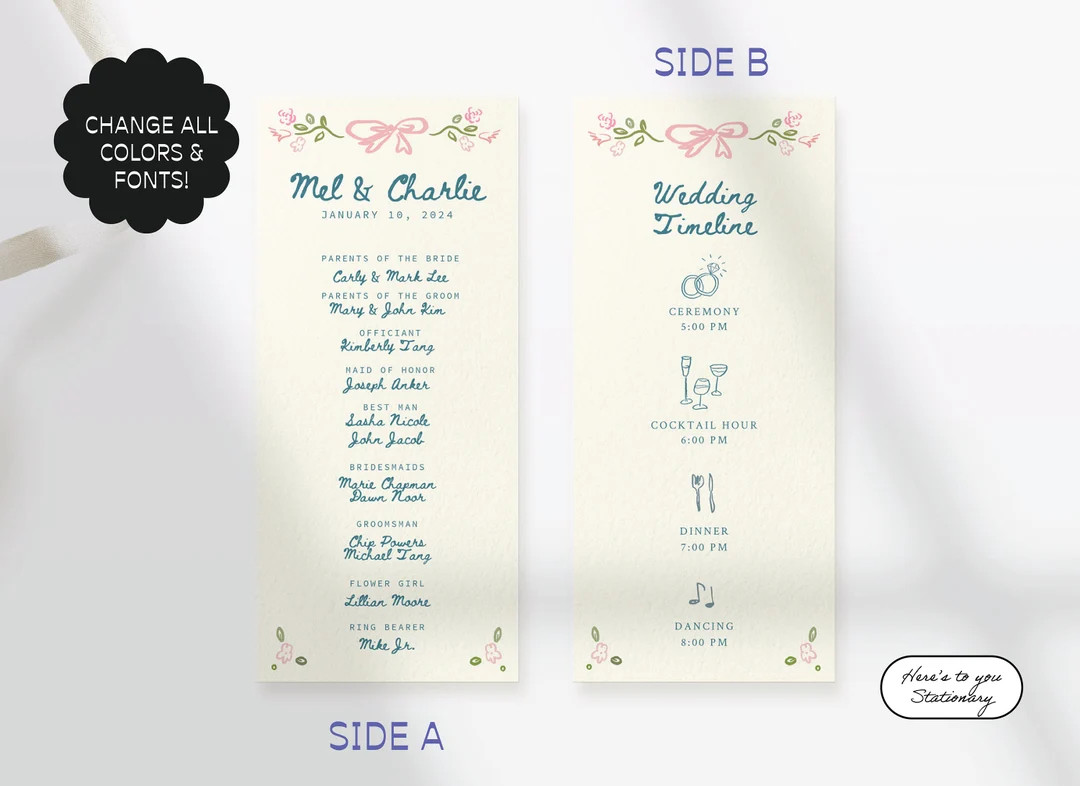 Floral Wedding Wedding Program Template, Hand Drawn, Ribbon, Handwritten Fonts, Garden Party, Scr... | Etsy (US)