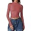 QINSEN Womens Mock Neck Long Sleeve Shirt Double Lined Basic Tees Side Ruched Going Out Crop Tops | Amazon (US)