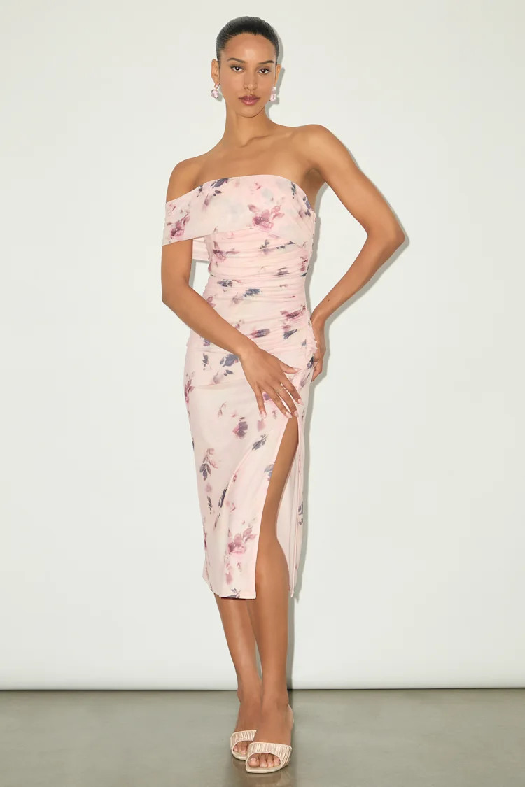 Jayleen Light Pink Floral Mesh One-Shoulder Midi Dress | Lulus