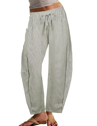 Athlisan Women's Striped Barrel Pants Casual Drawstring Elastic Waisted Wide Leg Baggy Jeans with Pockets(Green-L) | Amazon (US)