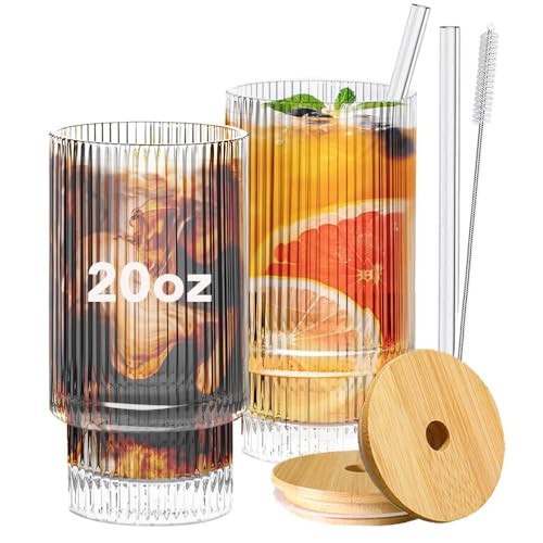 Ribbed Glassware Set of 2, 20oz Origami Style Drinking Glass Cup with Lid and Straw, Iced Coffee, Cocktail, Beer, Juice Stackable Drinking Glasses, Perfect for indoor and outdoor use | Amazon (US)