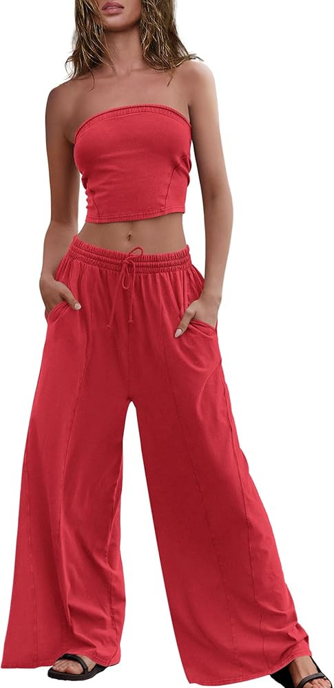 Panadila Womens Summer Lounge Sets 2 Piece Outfits Tube Top and Wide Leg Pants Matching Set Beach... | Amazon (US)