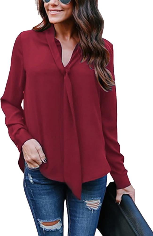 Hiistandd Women's Cuffed Long Sleeve Casual V Neck Chiffon Blouses Tops with Tie | Amazon (US)