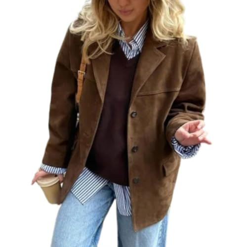 Buzoh Brown Suede Jacket Women - Y2K Faux Suede Blazer Coat Vintage Aesthetics Old Money Oversized Outerwear (DarkBrown,Large) | Amazon (US)