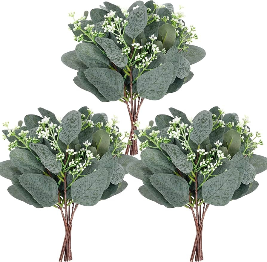 Whonline 20pcs Artificial Eucalyptus Leaves Stems with White Seeds Short Silver Dollar Artificial... | Amazon (US)