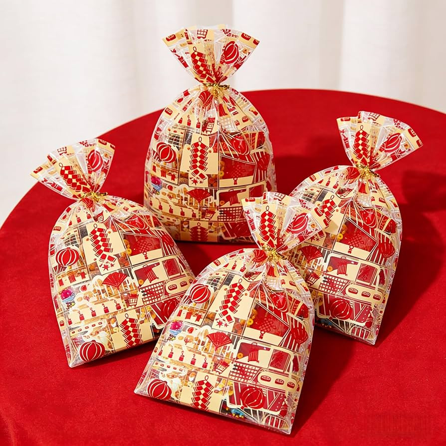 KYMY 2026 Chinese & Vietnamese New Year Gift Bags with Metallic Twist Ties, 50PCS Red & Gold Cart... | Amazon (US)