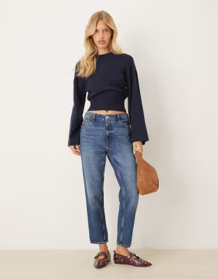 Gina Tricot crew neck wide sleeve knitted jumper in navy blue | ASOS | ASOS (Global)