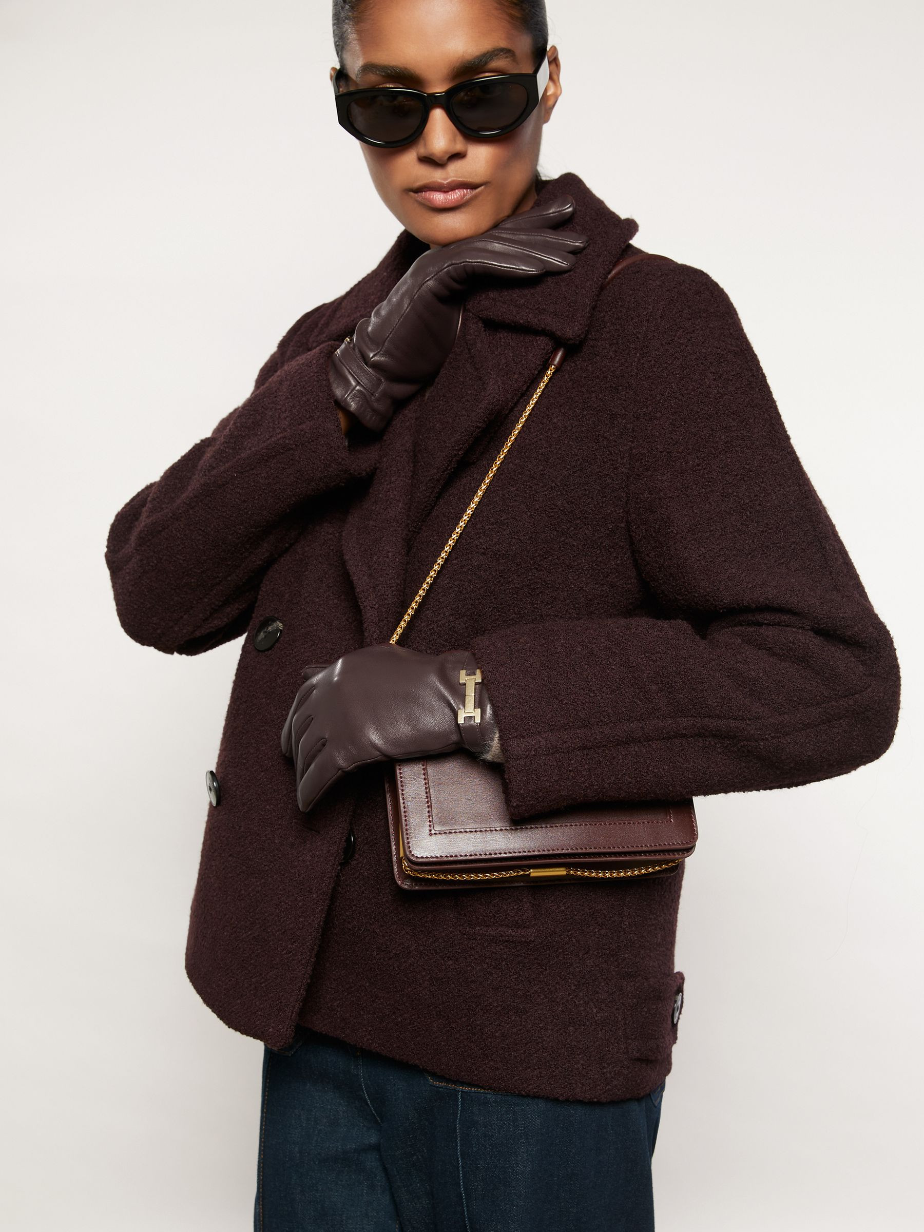 Reiss Leather Hardware-Embellished Gloves in Burgundy - REISS | Reiss UK