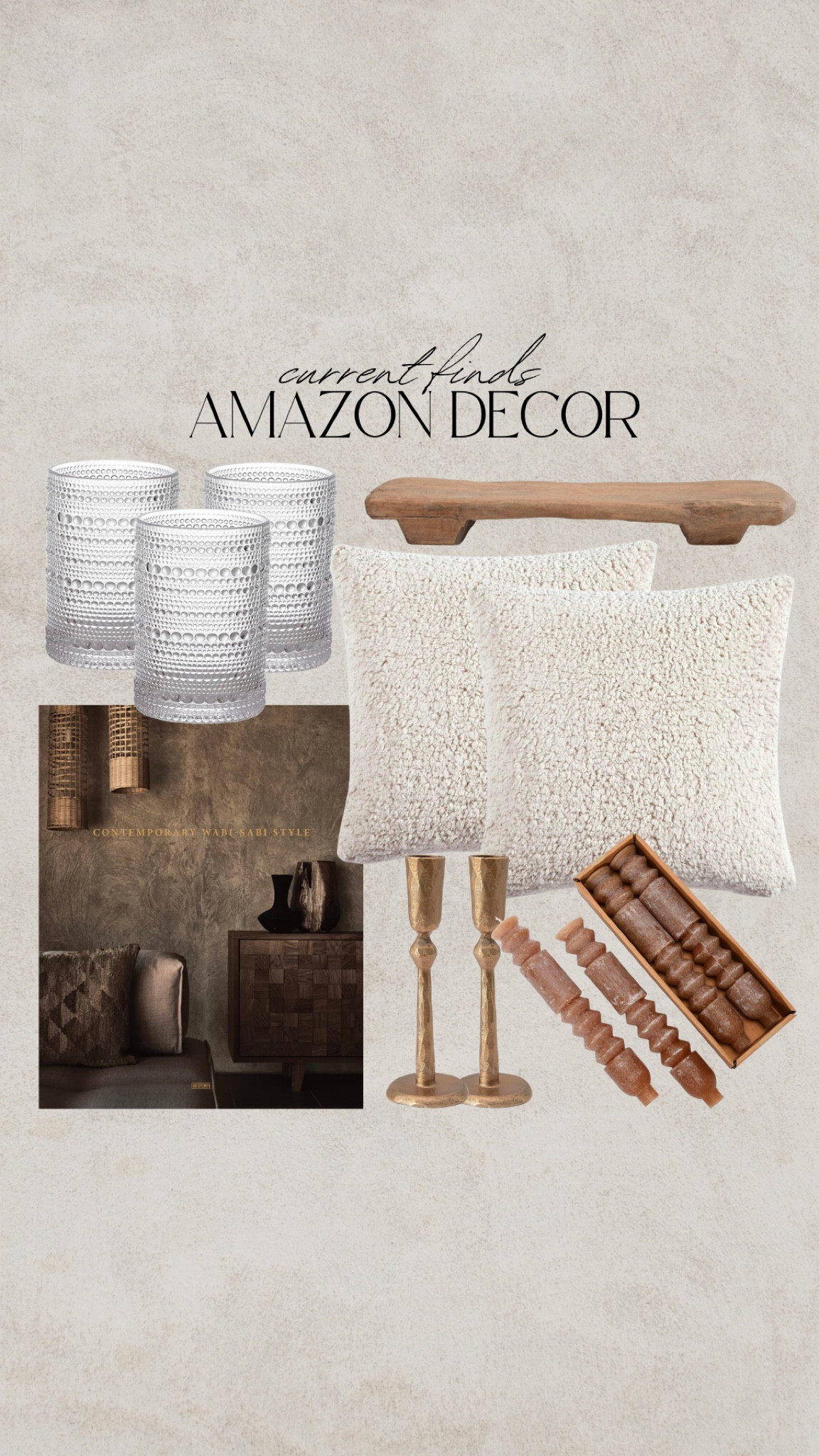 Amazon home decor, modern organic decor, wooden pedestal, wooden tray, coffee table book, creative, totem, taper candle, golden candle holder, brass candle holder, tapered candle holder, vintage drinking glasses, boucle throw pillows

#LTKsalealert #LTKhome #LTKfindsunder50