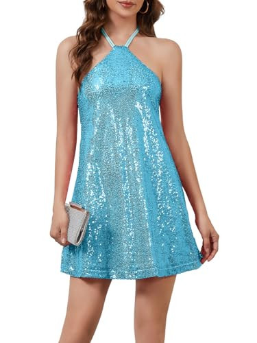 hibshaby Women's Glitter Sequin Dress Halter Neck Party Cocktail Sparkly Mini Dress Clubwear Light Blue | Amazon (US)