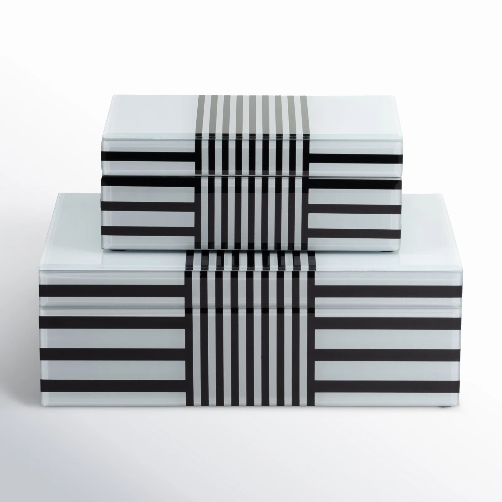 Set of 2 Decorative Storage Boxes Contemporary Black and White Striped Wooden Boxes | Wayfair North America