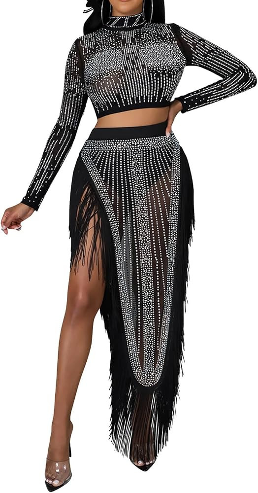 Yuopeid Women's Sexy Elegant Rhinestone 2 Piece Outfit See Through Long Sleeve Top and High Waist... | Amazon (US)