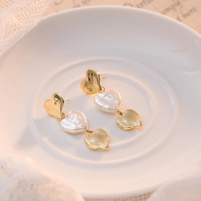 FUNEIA Statement Gold Pearl Earrings for Women Trendy 14K Gold Plated Dangle Earrings Elegant For... | Amazon (US)