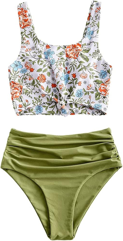 ZAFUL Women's High Waisted Tankini Scoop Neck Knotted Two Pieces Tankini Set Swimsuit | Amazon (US)