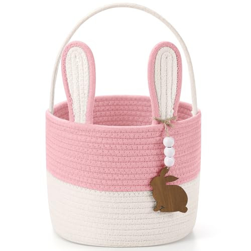 SiliFine Easter Basket for Kids, Easter Bunny Basket with Name Tag Detachable Rabbit Ear Rustic Woven Gift for Girl Boy Baby Spring Party Decoration Supplies(Pink,9" X 7.5") | Amazon (US)