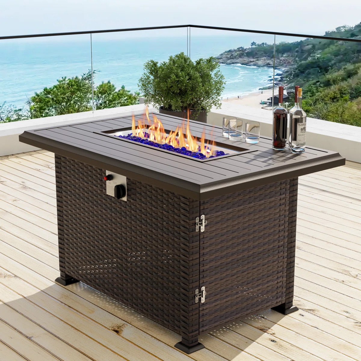 43.3'' W Outdoor Fire Pit Table With 55,000 BTU, Aluminum Top And Rattan Base - Includes Black Ra... | Wayfair North America