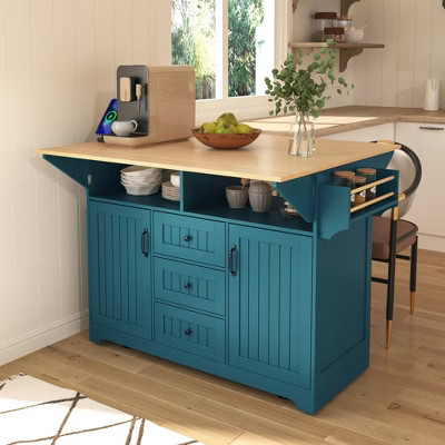 Kitchen Island with Drop Leaf, Rolling Cart on 5 Wheels with Power Outlet, Folding Storage Dining Table with Spice & Towel Rack, 3 Drawers | Target