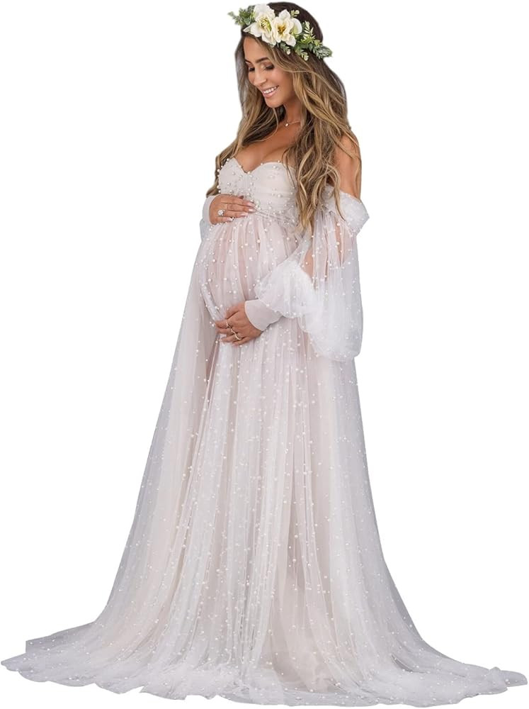 Pearl Tulle Maternity Dresses for Photoshoot Puffy Sleeve Off Shoulder Wedding Bridal Lingerie Go... | Amazon (US)