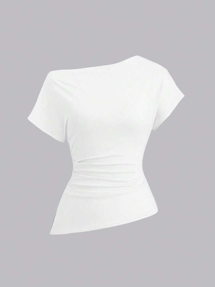 Sweetra Lässiges Sommer Uni Kurzarm T-Shirt Mit Asymmetrischem Schnitt | SHEIN