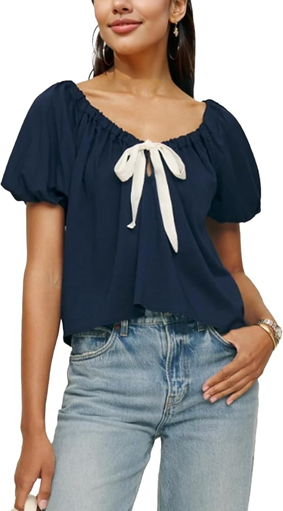 Womens Summer Tops Puff Sleeve Bow Loose V Neck T Shirts Trendy Casual Blouses for Women | Amazon (US)