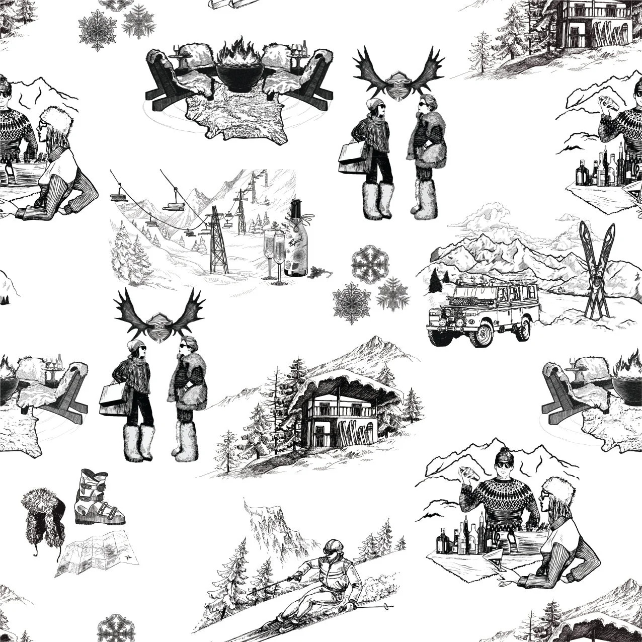 Après Ski Toile Traditional Wallpaper | Katie Kime Inc