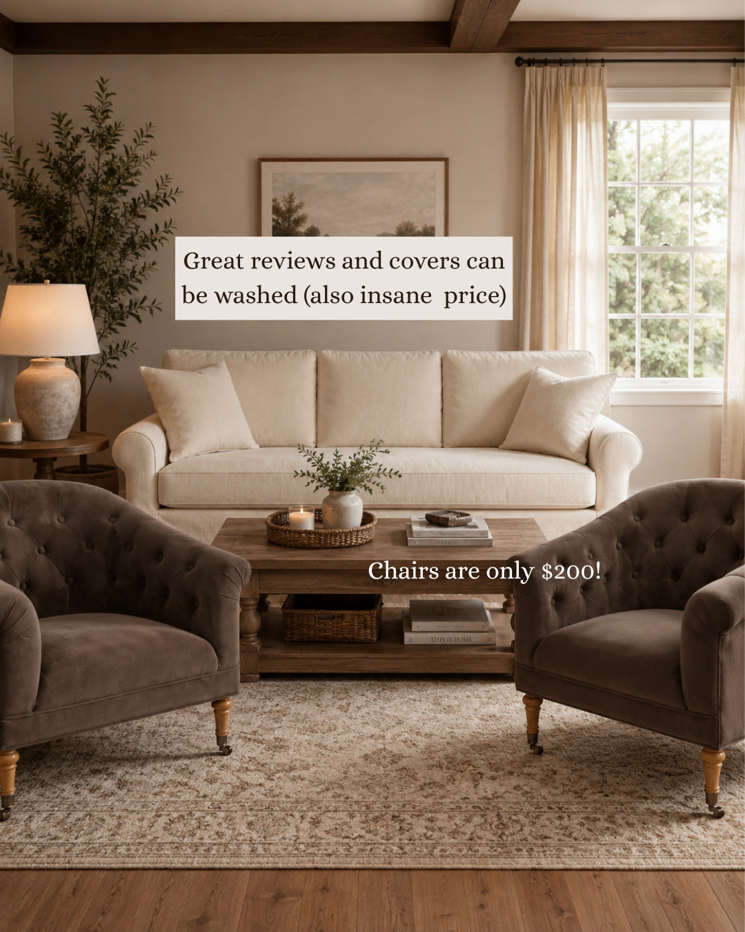Great reviews on this slipcovered sofa. The covers can be washed. The price is great too. Love the details on the brown accent chairs too. 

 #LTKHome #LTKSaleAlert
