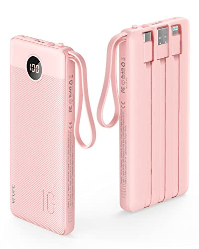 VRURC Portable Charger 10000mAh, Slim Power Bank for iPhone, Battery Pack with LED Display, 5 Output 2 Input, Built-in USB C Cables Phone Charger Compatible with iPhone,Samsung,Android etc-Pink | Amazon (CA)