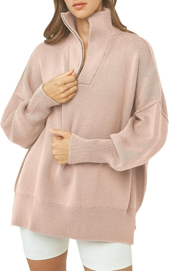 ANRABESS Women's Half Zipper Sweater Top Long Sleeve Oversized Slit Side Knit Pullover Sweaters 5... | Amazon (US)
