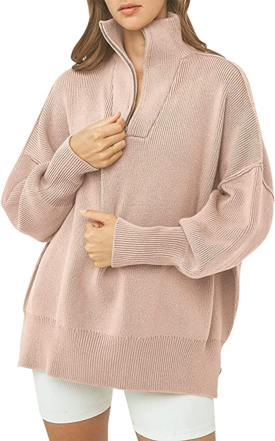 ANRABESS Women's Half Zipper Sweater Top Long Sleeve Oversized Slit Side Knit Pullover Sweaters 5... | Amazon (US)